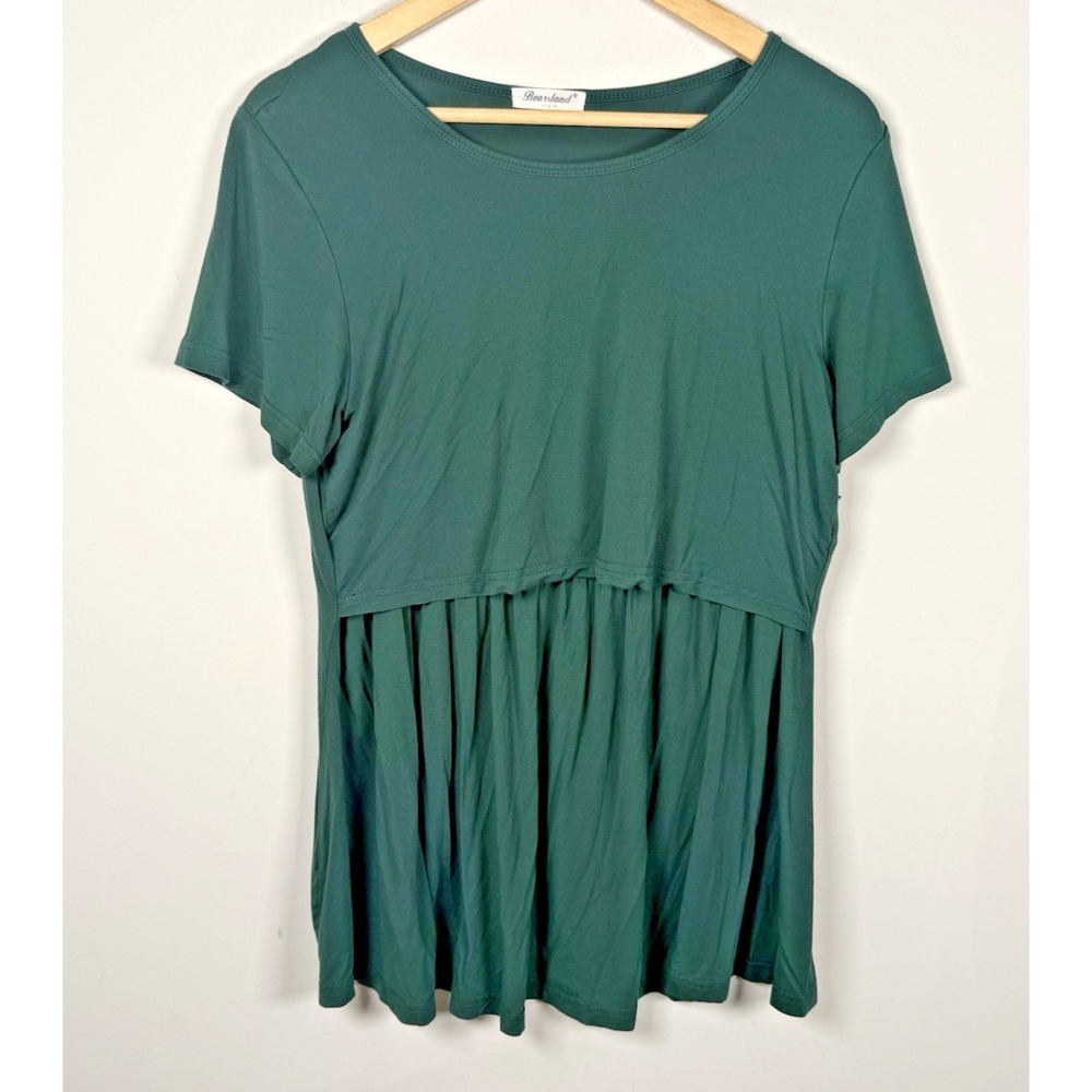 Bearsland Womens Size Large Green Short Sleeve Tiered Maternity‎ Nursing Top